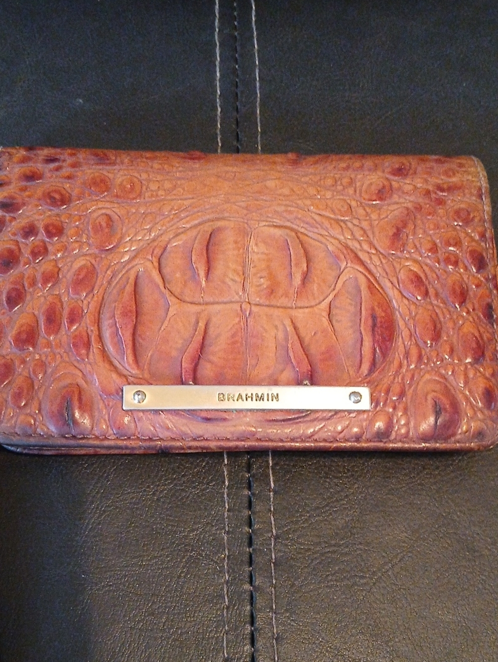 Brahmin Croc-Embossed Leather Wallet in Cognac Brown With Wristlet Strap
